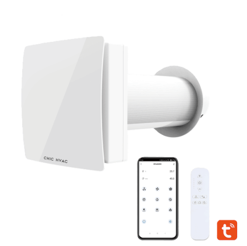 Heat Recovery Ventilator VT125 ECvents EC motor shop high-efficiency ventilation fan with remote control and smart thermostat compatible with HVAC systems and building automation.