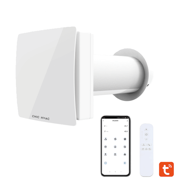 ECvents EC motor shop high-efficiency ventilation fan with remote control and smart thermostat compatible with HVAC systems and building automation.