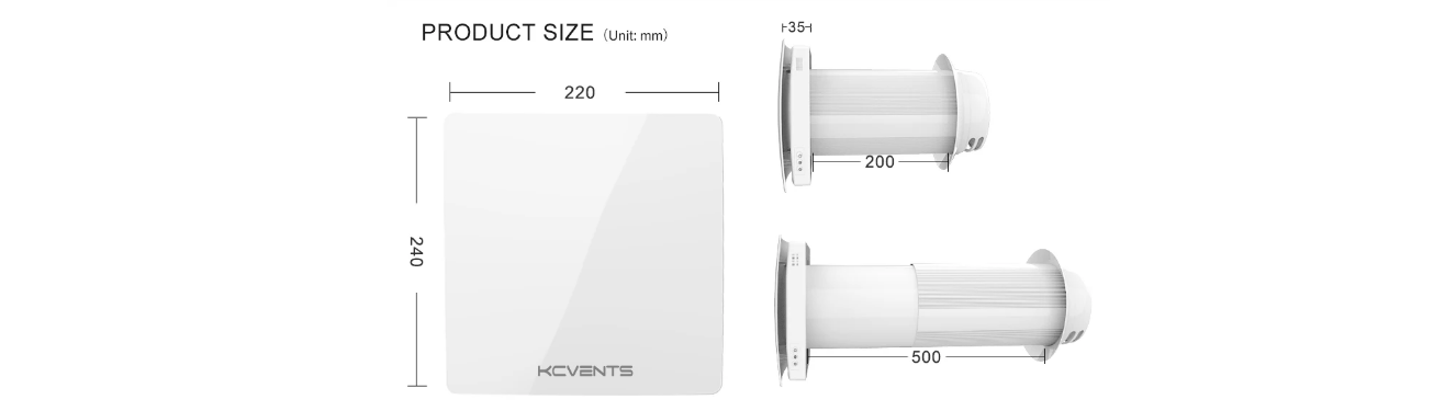 Product size drawing of the KCVENTS VT501 single-room heat recovery ventilator showing a 220×240 mm front panel and two duct length options: 200 mm and 500 mm.