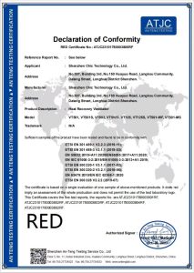 RED Declaration of Conformity certificate for heat recovery ventilator (models VT501, VT501S, VT502, etc.)