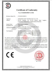CE Certificate of Conformity for heat recovery ventilator (models VT501-WF, VT150, etc.)