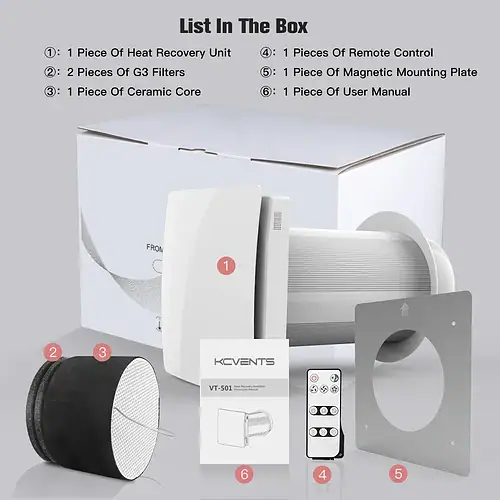 KCvents VT501-Remote or WiFi Heat Recovery Ventilation (HRV) Wall Mounted Room Fresh Air Fan With Ceramic Hepa Filter Ventilation System 6 inch