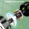 j2 High-efficiency electric motor showing internal components, eco-friendly design with green background and floating leaves, emphasizing power and sustainability.