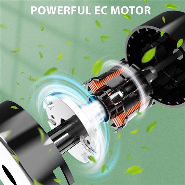 j2 High-efficiency electric motor showing internal components, eco-friendly design with green background and floating leaves, emphasizing power and sustainability.