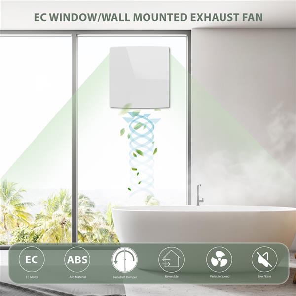 j4 High-efficiency EC window/wall mounted exhaust fan with adjustable speed and low noise, ideal for bathroom ventilation and air purification, made from durable ABS material.