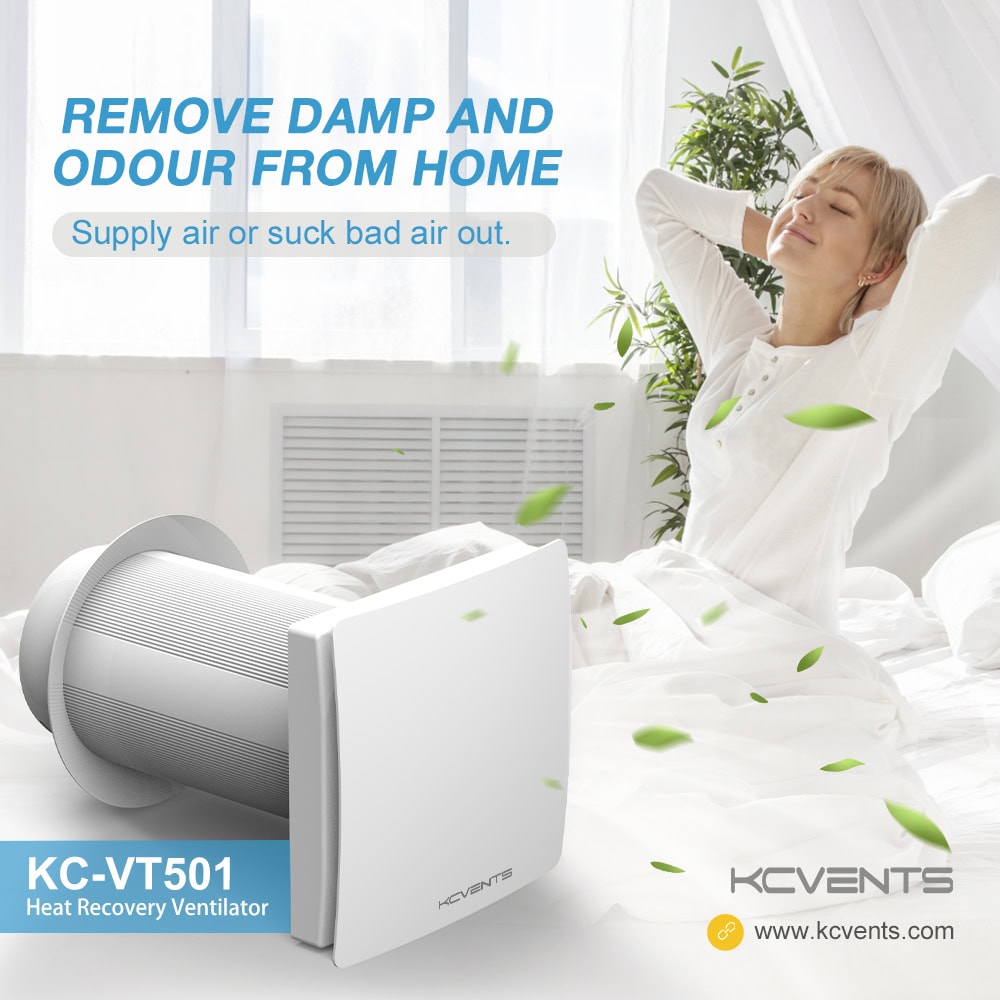 Quiet, efficient EC motor shop heat recovery ventilator for home air purification, ventilation, and air quality improvement.