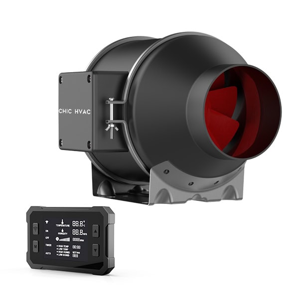 ECvents EC Motor Shop industrial HVAC blower with remote control for efficient ventilation and air circulation.