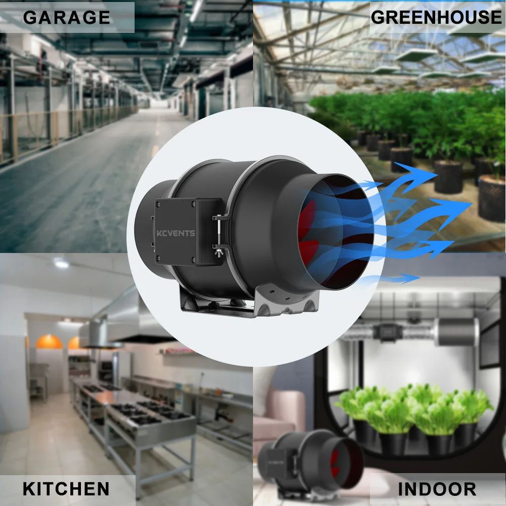 EC mixed-flow inline duct fan for ventilation and exhaust in garage, greenhouse, kitchen and indoor grow rooms, showing airflow direction