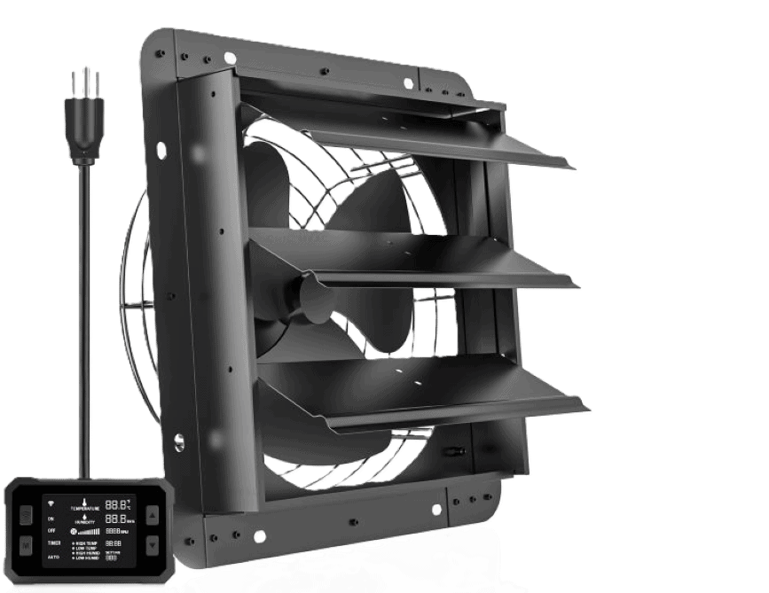 Wall-mounted EC Motor Shutter Exhaust Fan for shed, attic, workshop, and greenhouse ventilation