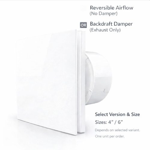 KCvents 46” WallWindow Exhaust Fan – Reversible Airflow or Backdraft Damper KCvents wall/window exhaust fan with remote, available in 4-inch or 6-inch, choose reversible airflow (no damper) or backdraft damper (exhaust only).