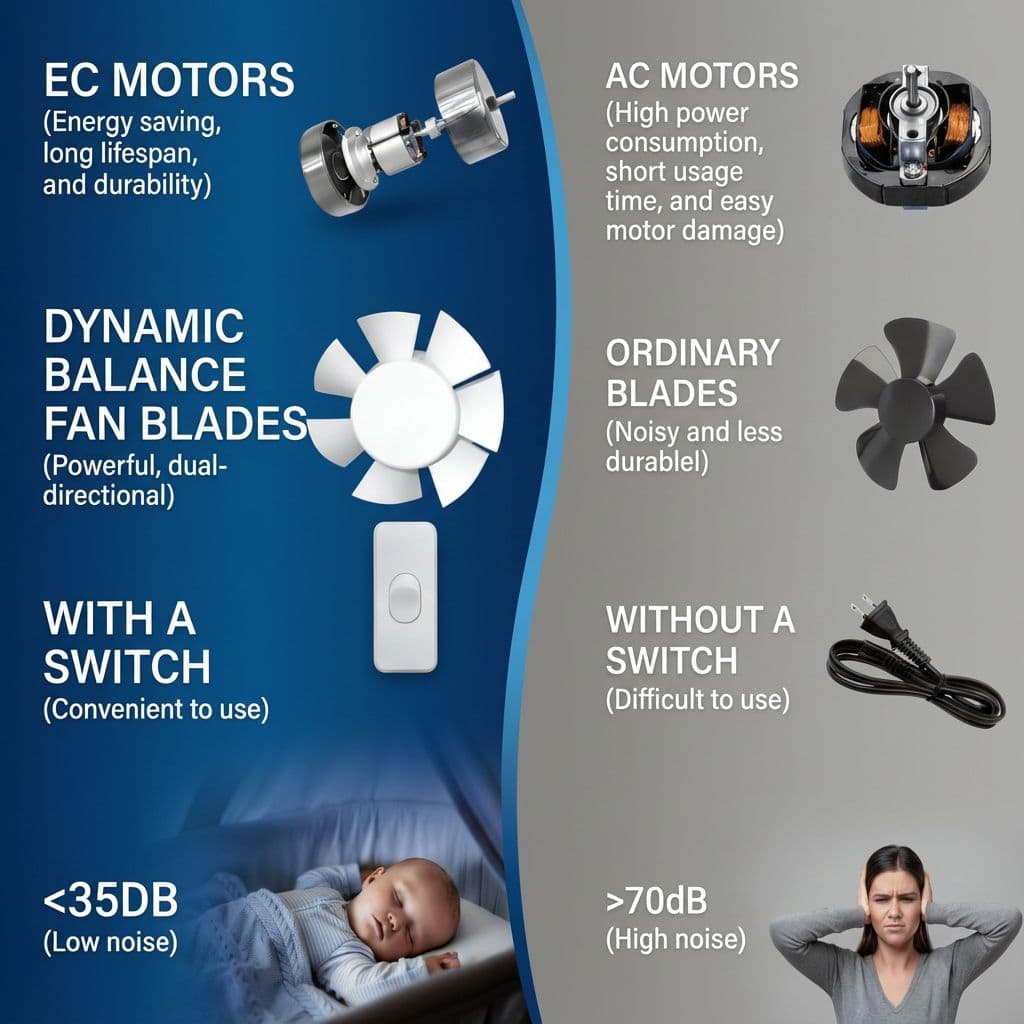 High efficiency EC motors for industrial and commercial applications, durable fan blades, with switch options, and noise level details. Perfect for HVAC, HVACR, and ventilation systems.