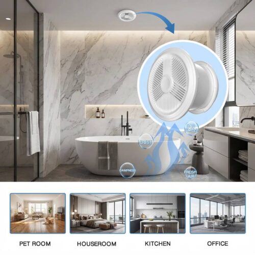 A clean, modern bathroom with a ceiling-mounted exhaust fan, highlighting indoor air quality and ventilation solutions from ECvents EC Motor Shop.