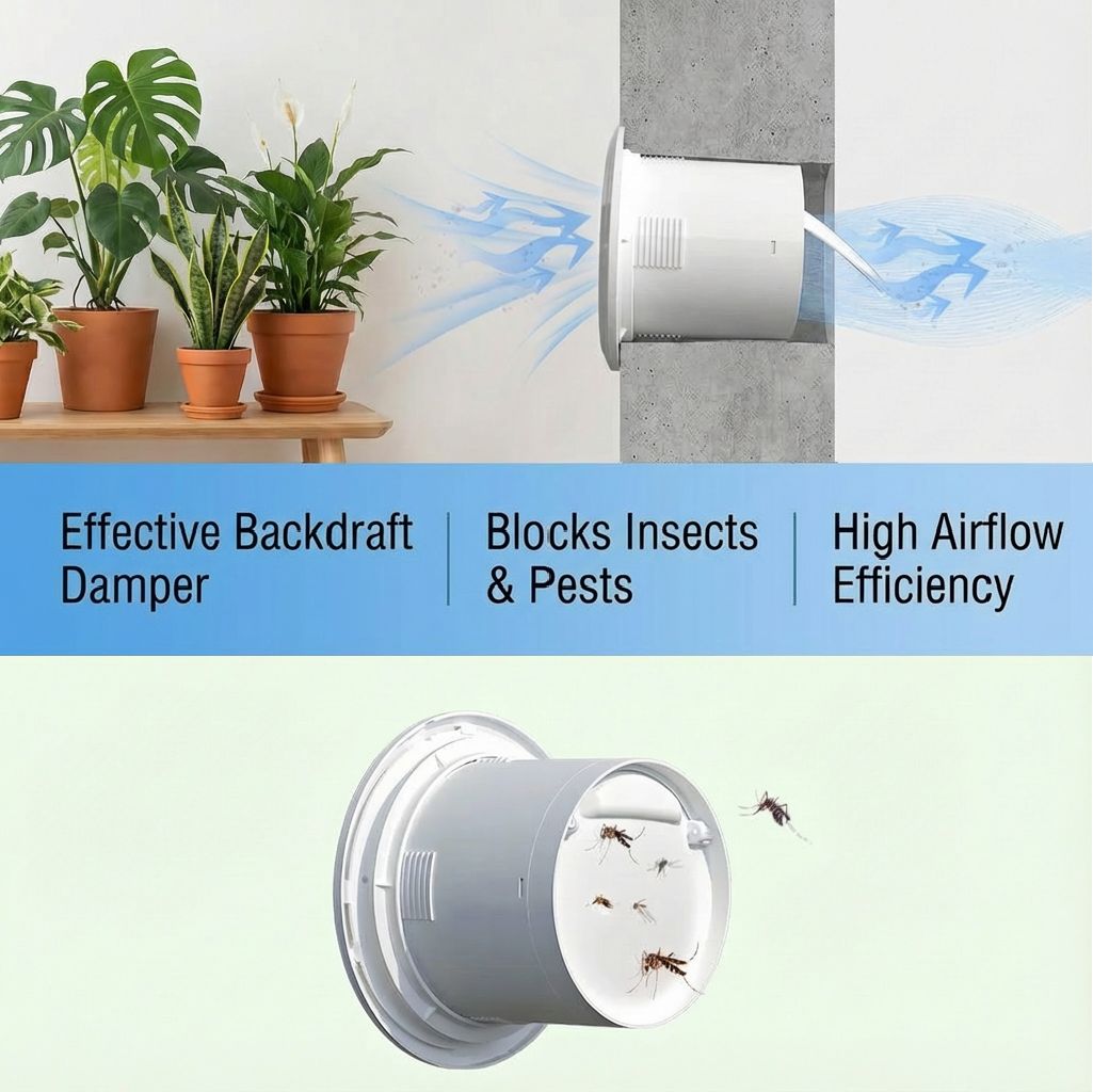 1. Backdraft damper for HVAC systems, mosquito and insect prevention, smooth exhaust, high efficiency airflow control.