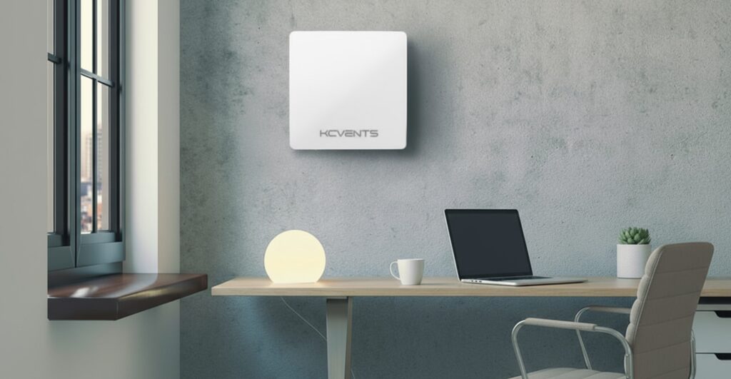 High-efficiency EC motor with sleek white housing mounted on textured wall in modern office setting.