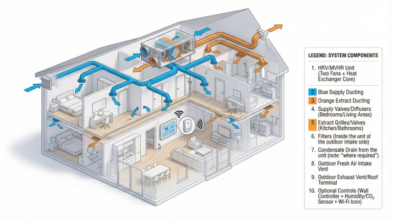 How an HRV/MVHR System Works: Whole‑House Heat Recovery Ventilation Diagram Showing Blue Supply Ducts, Orange Extract Ducts, Valves, Filters, and Outdoor Intake/Exhaust Vents