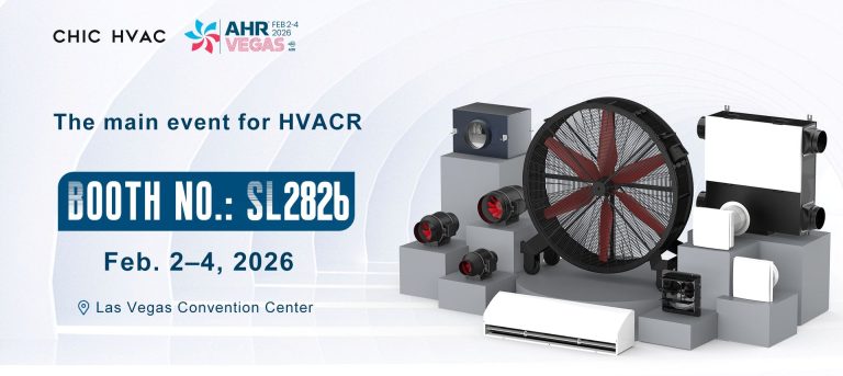 CHIC HVAC at AHR Expo 2026 (Las Vegas Convention Center) — Booth SL2826, Feb 2–4, 2026. Banner shows ventilation, air purification and heat recovery solutions, including fans and HVAC equipment.