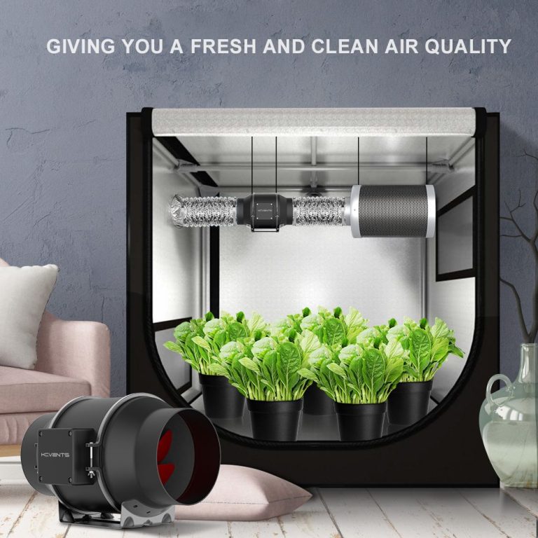 Inline duct fan with EC motor installed in a grow tent with ducting and carbon filter, providing efficient, quiet airflow and fresh, clean air for hydroponic and indoor growing.