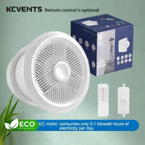 kcvents-apc-g-bathroom-exhaust-fan-retail-packaging-eco-friendly-3 Energy-efficient EC motor with remote control for ventilation and bathroom exhaust fans, eco-friendly design, low electricity consumption, suitable for commercial or residential use, by ECvents.