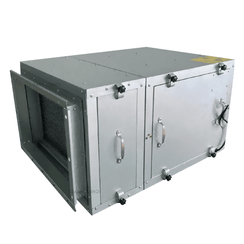 High-efficiency EC motor shop unit for industrial HVAC applications, showcasing durable metal construction and advanced motor technology for reliable performance.