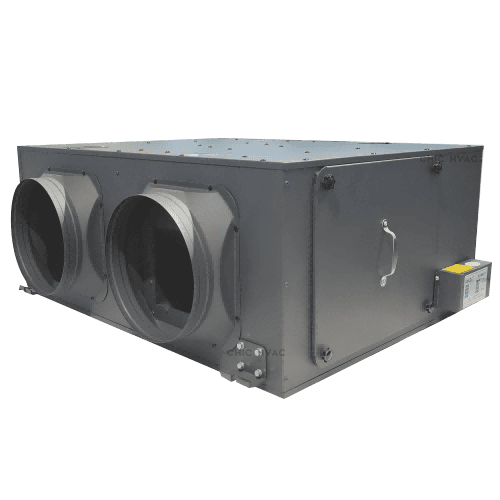 High-efficiency EC motor shop HVAC air handling unit with dual large circular ducts for optimal airflow and ventilation. Designed for commercial and industrial climate control systems.