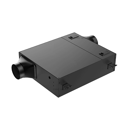 An industrial EC motor shop air handling unit with a sleek black design, featuring duct connections for efficient airflow and ventilation system integration.