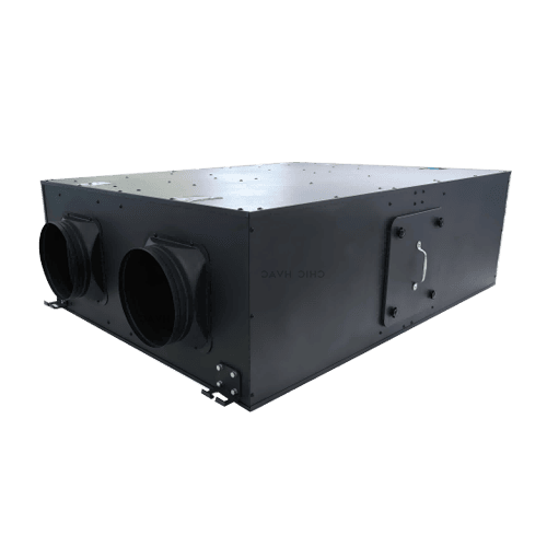 An industrial EC motor with dual air intake ports, designed for HVAC and ventilation systems, showcasing durable construction and efficient performance for commercial applications.