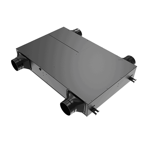 High-efficiency EC motor shop enclosure with multiple duct connections for HVAC and industrial applications, showcasing durable construction and advanced motor technology.