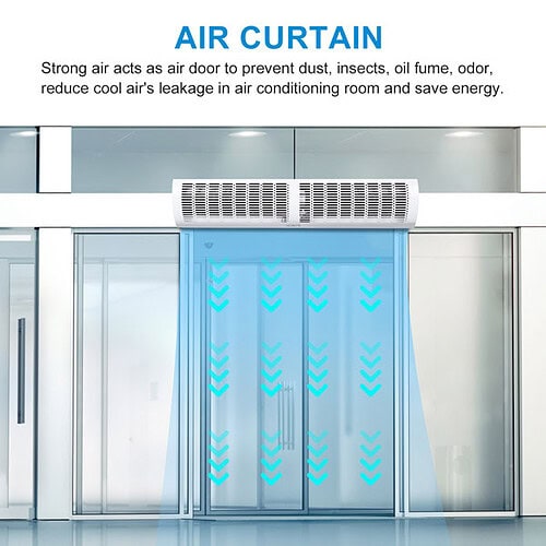 Air curtain at entrance of a commercial building, preventing dust, insects, and air leakage, enhancing energy efficiency and indoor air quality.