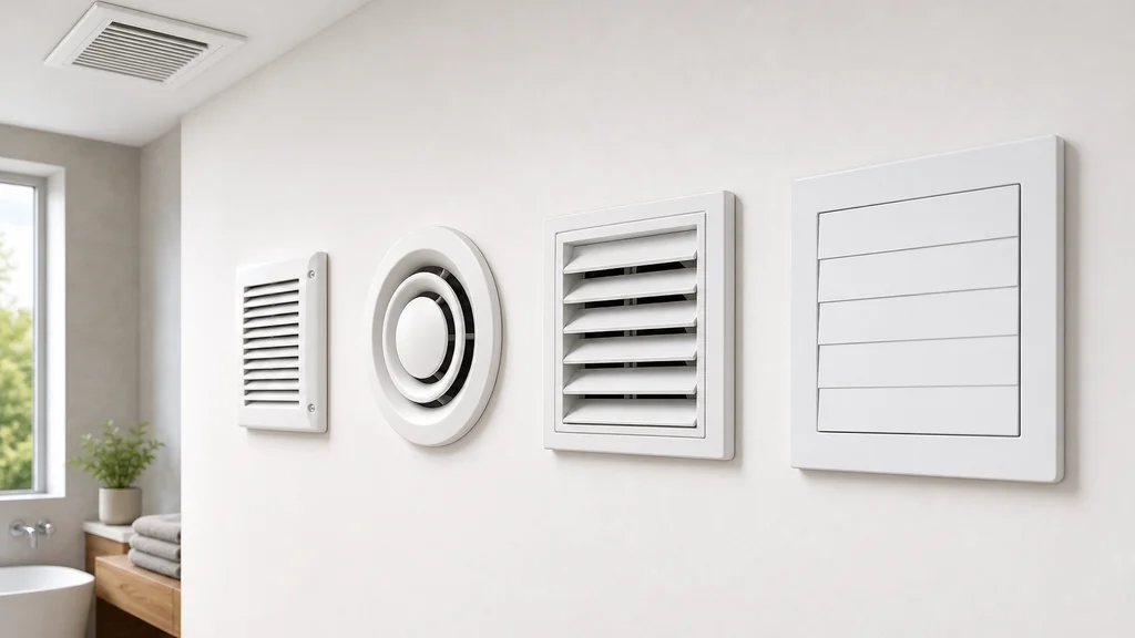 Four types of bathroom exhaust fan covers mounted on a white wall for comparison