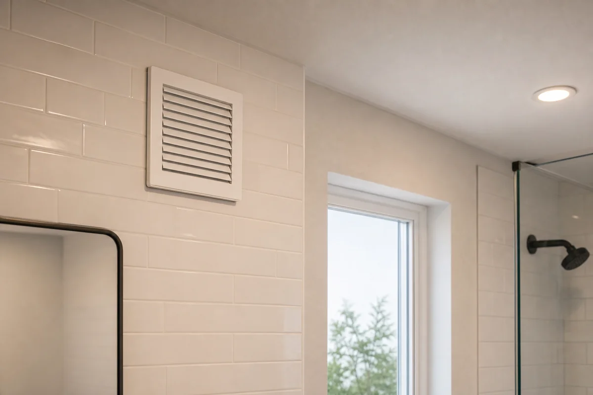 ecvents EC motor shutter exhaust fan flush-mounted on a bathroom wall with shuters closed